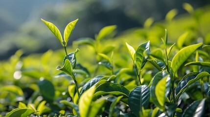 Obraz premium Green tea tree leaves field young tender bud herbal Green tea tree in camellia sinensis organic farm Close up Fresh Tree tea plantations mountain green nature in herbal farm plant back : Generative AI