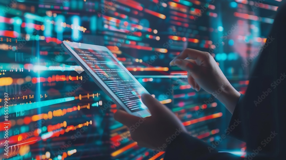 Fototapete Software engineer using digital tablet with cyber security network computer code on virtual screen interface Data science machine learning of artificial intelligence digital software d : Generative AI