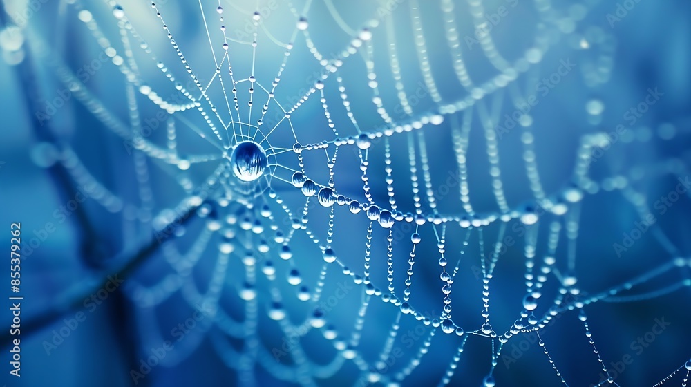 Poster beautiful natural background with necklace of water droplets on a cobweb in grass in spring of summe