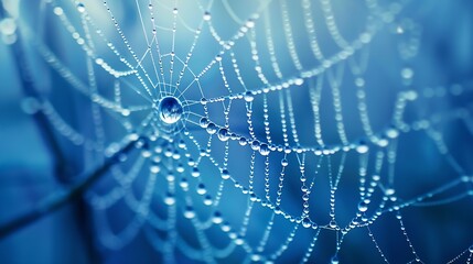 Beautiful natural background with necklace of water droplets on a cobweb in grass in spring of summer in blue tones Texture Dew drops on a spider web in nature closeup macro with soft  : Generative AI