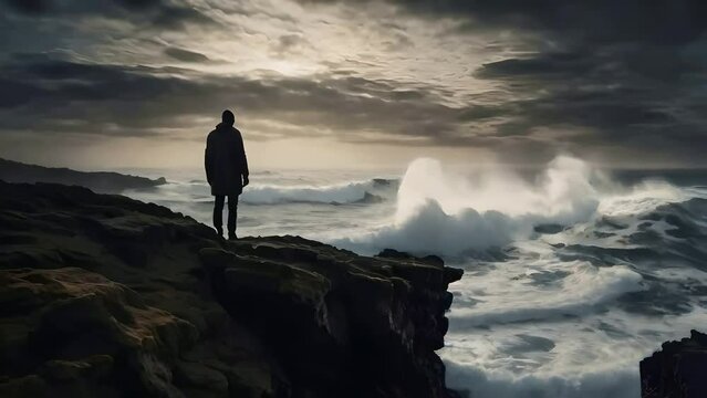 silhouette of a man standing on a rock looking wave of oceaan