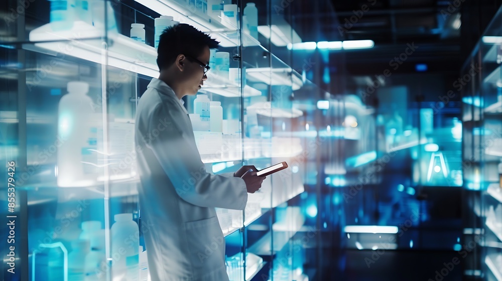 Poster Tablet planning and scientist with digital innovation data and reading in laboratory Asian man doctor and information technology for futuristic medical research with pharma healthcare  : Generative AI