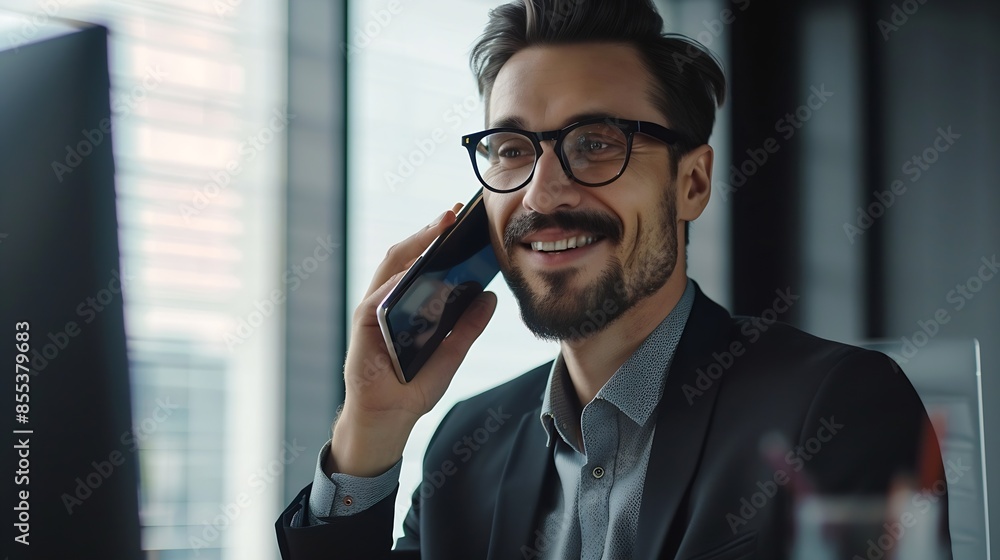 Aufkleber business professional having a phone call business man analyzing data using computer while talking o