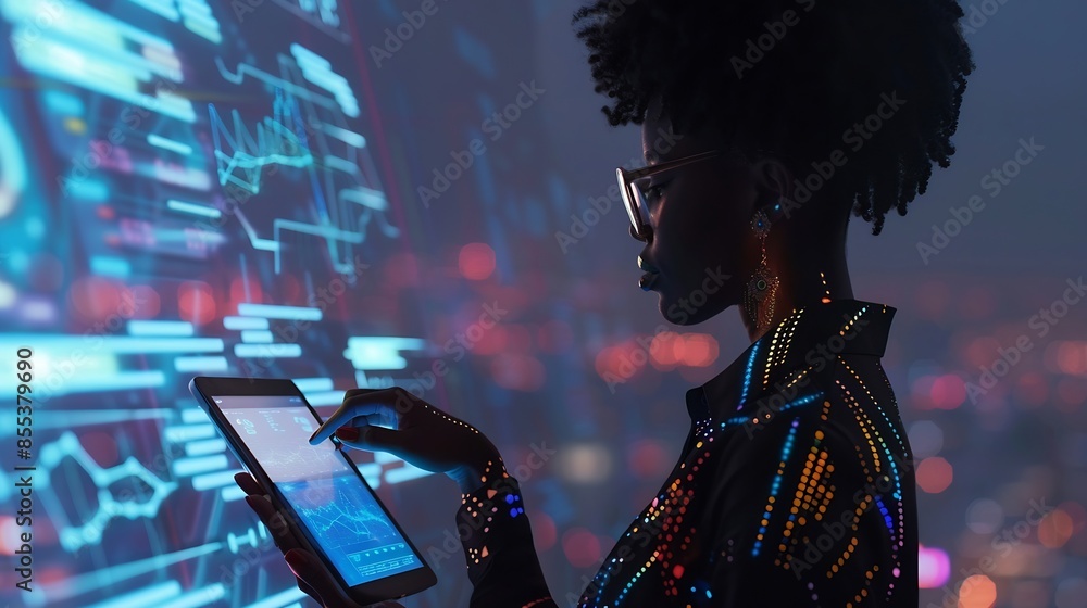 Fototapete Black woman with tablet erp data hologram and innovation research and programming in future information technology Futuristic network analytics and developer for startup business websi : Generative AI
