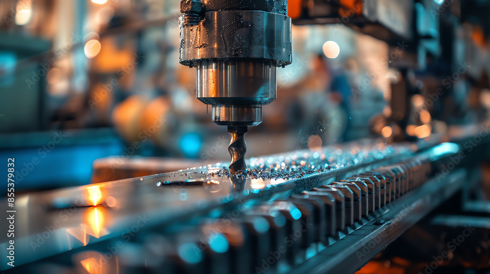 Poster close-up of a cnc machine drilling metal in a high-tech industrial workshop, displaying precision an