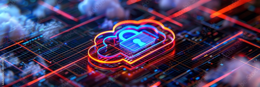 Poster lock icon in translucent cloud on digital grid with neon colors for futuristic visual impact