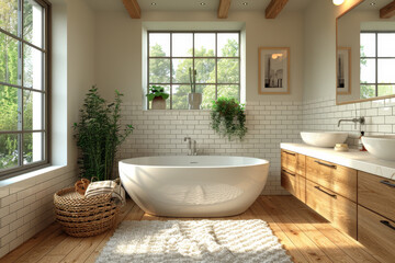 White and Wooden Bathroom with Tub and Sink