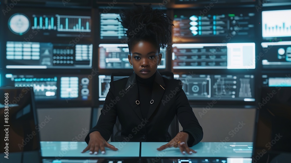 Poster black woman working in office and futuristic graphical user interface concept ict information commun