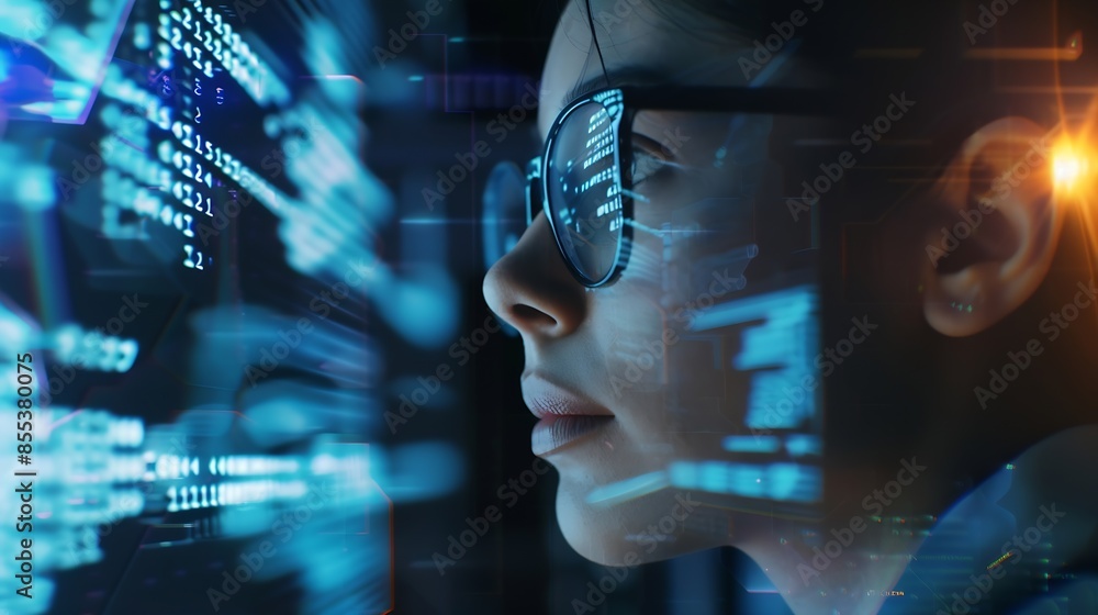 Poster Software coding hologram and woman in data analytics information technology and gdpr overlay Programmer or IT person in glasses reading script programming and cybersecurity research on : Generative AI