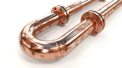 Fototapeta premium Close-up of shiny copper pipes with a U-bend on a white background, showcasing industrial plumbing and construction material.