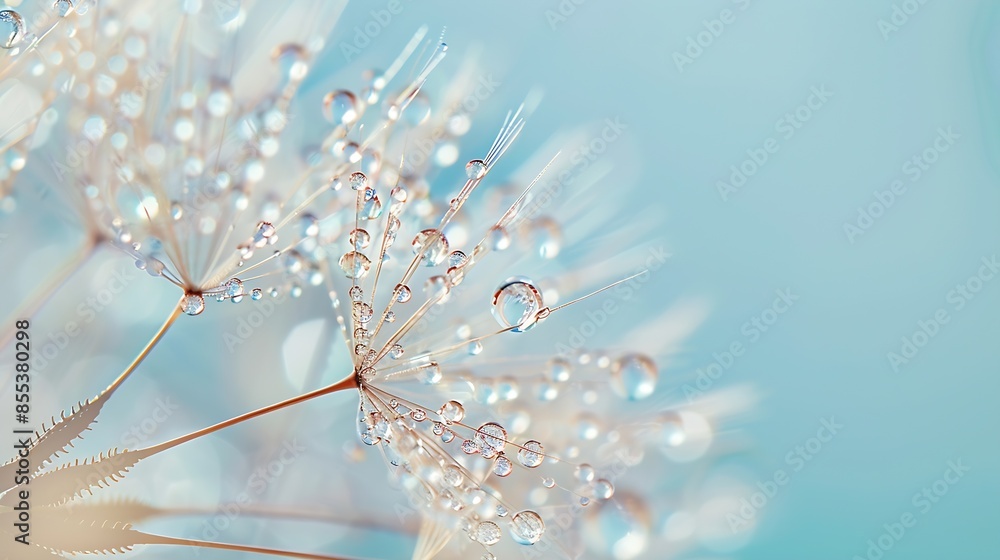 Poster Beautiful dew drops on a dandelion seed macro Beautiful soft blue background Water drops on a parachutes dandelion Copy space soft focus on water droplets circular shape abstract backg : Generative AI