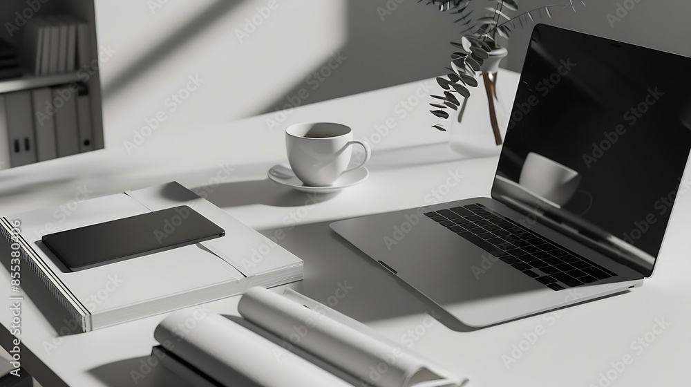 Poster minimalist office desk setup featuring a sleek laptop a cup of coffee and neatly arranged work docum
