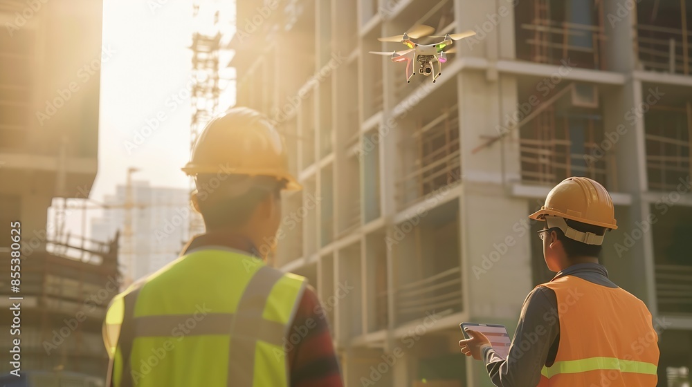 Aufkleber Engineer surveyor team Use drone for operator inspecting and survey construction site Surveyors or explorer use drones to view construction sites or check security : Generative AI