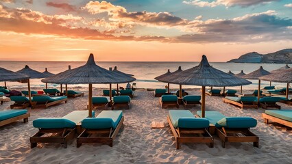  a vacation spot with wooden sun beds and parasols on Alikanas beach