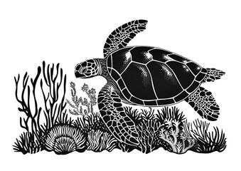 Black and white of a sea turtle swimming in a coral reef, with simple lines and contours isolated on a white background