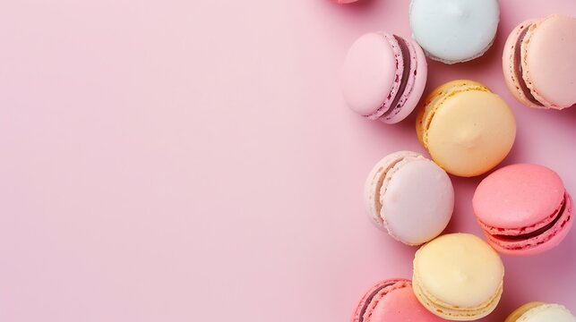 Colorful french desserts Cake macaroons or macaroon on pink background colorful almond cookies pastel colors macaroon for sweet break mock up Flat lay top view : Generative AI