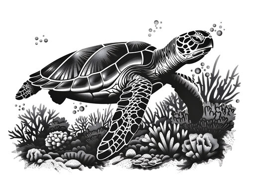 recommend clip art: Black and white of a sea turtle swimming in a coral reef, with simple lines and contours isolated on a white background