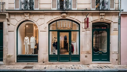 Display a European-inspired shopfront design with a white storefront, showcasing beautiful architectural details and a touch of elegance