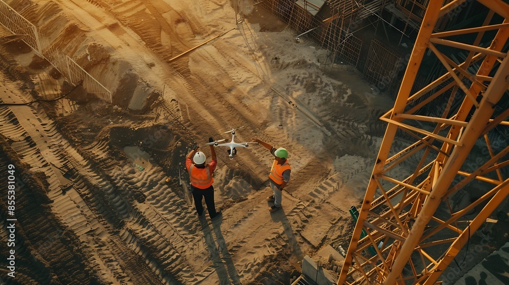 Poster Engineer surveyor team Use drone for operator inspecting and survey construction site Surveyors or explorer use drones to view construction sites or check security : Generative AI