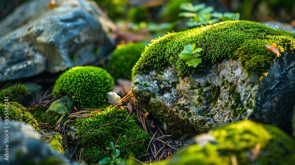 Poster beautiful bright green moss grown up cover the rough stones and on the floor in the forest show with
