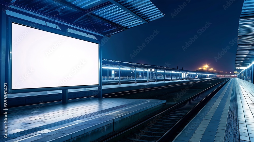 Poster billboard on the passenger platform of a railway station at nightmockup : generative ai