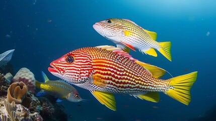 Fototapeta premium Mixed Swarm Oriental Sweetlips Plectorhinchus vittatus and twospot red snapper Lutjanus bohar Indian Ocean Maldives Asia : Generative AI