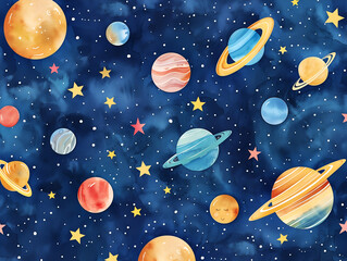  seamless pattern of planets, moons and asteroid in space, watercolor, vibrant colors, dark blue background