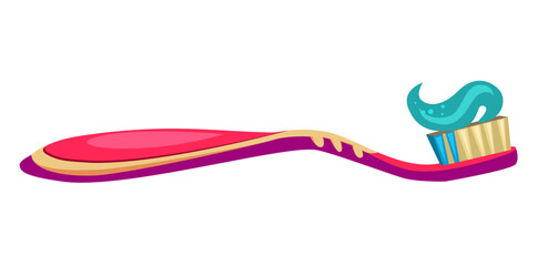 Plastic Brush With Toothpaste Isolated On White Background, Health Accessory Vector Illustration.	