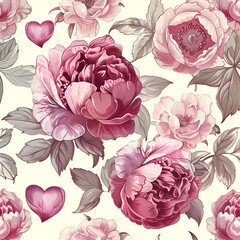 peonies and hearts shabby style pattern