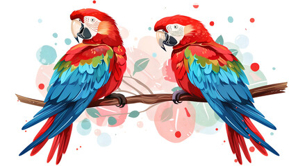 Obraz premium two parrots on a branch on white background, 