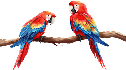 Fototapeta premium two parrots on a branch on white background, 