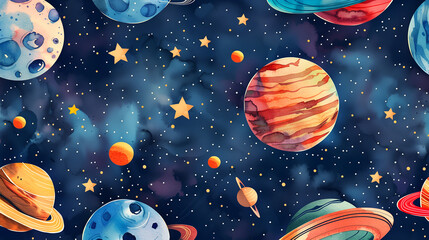  seamless pattern of planets, moons and asteroid in space, watercolor, vibrant colors, dark blue background