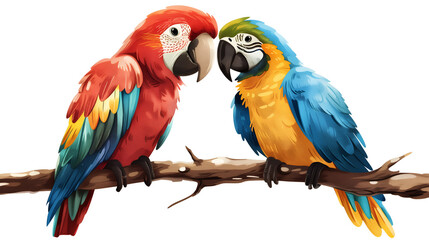 two parrots on a branch on white background, 