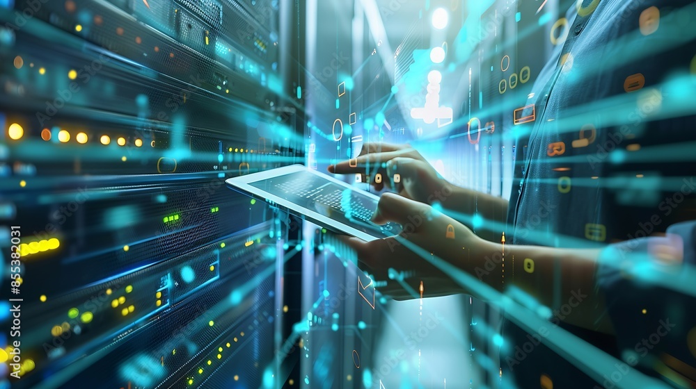 Fototapete Data science digital technology internet global network Computer programmer using digital tablet with data center and big data management innovation technology background software deve : Generative AI