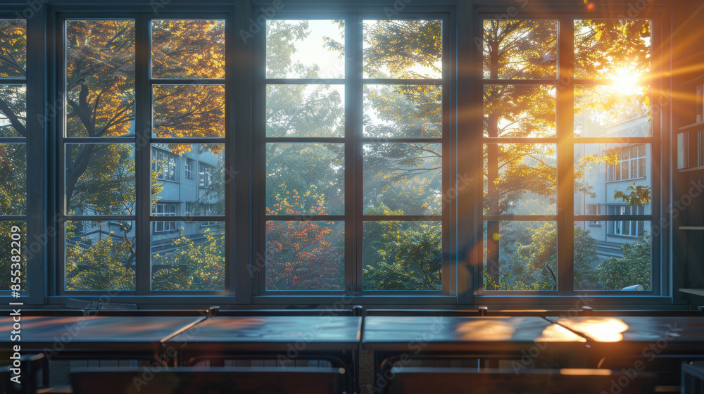 Poster sunlight streams through classroom windows, highlighting the autumn foliage outside and creating a s