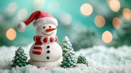 Fototapeta premium A cheerful snowman wearing a Santa hat and scarf, surrounded by miniature Christmas trees, captures the festive holiday spirit.