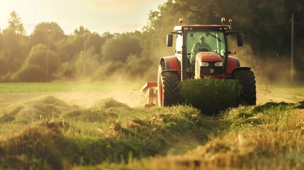 Obraz premium Tractor working with silage at dairy farm compacting fresh harvest chopped maize with heavy roller for silo fermented feed for food of cow : Generative AI