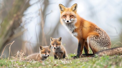Obraz premium A red fox mom vixen and 2 kits appear outside their den Mom scans the area for danger as the kits cling to her side kits cubs female babies den red alert spring : Generative AI
