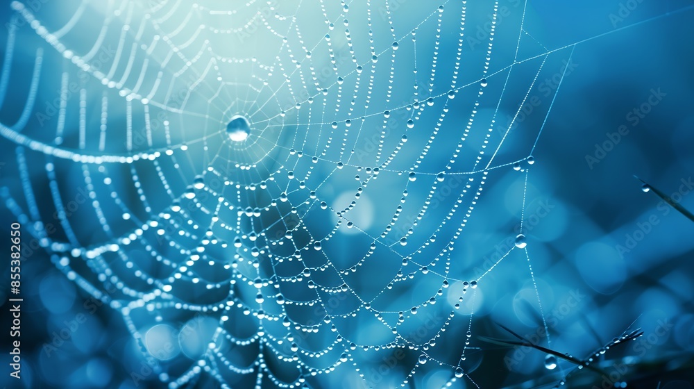 Aufkleber beautiful natural background with necklace of water droplets on a cobweb in grass in spring of summe