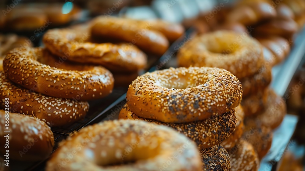 Wall mural Bagel with sesame Bagel with poppy Showcase of a bakery in the eastern market Turkish Simit : Generative AI