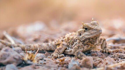 A young regal horned lizard Phrynosoma solare in natural habitat as found on rocky ground with spring vegetative growth in Pima County Arizona USA : Generative AI