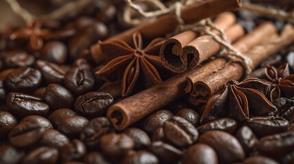 Closeup tied cinnamon sticks and anise on a heap of roasted brown whole coffee beans : Generative AI