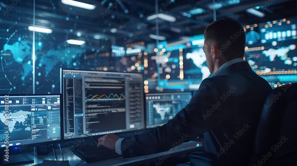 Fototapete Business person explore the core of cyber security Delve into protection methods cyber threats and bolster cyber security stance Essential for navigating the cyber security age FaaS : Generative AI