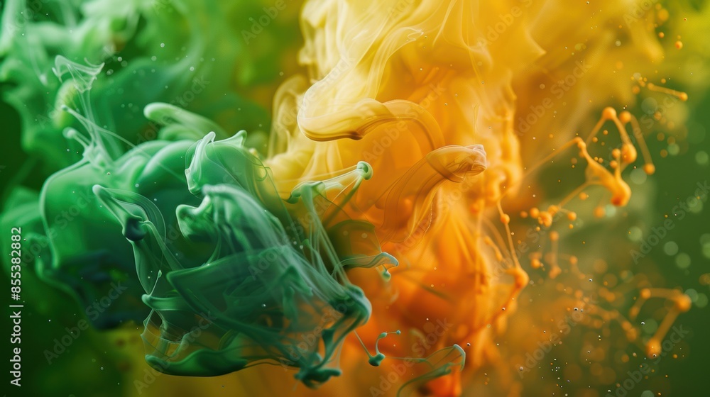 Poster dynamic green and yellow ink swirling in water, creating an abstract and fluid movement of vibrant c