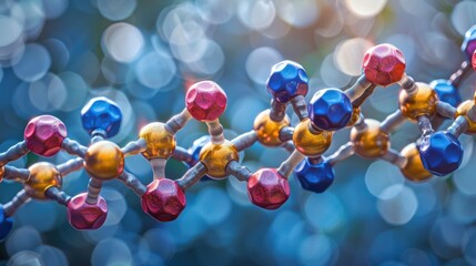 Colorful molecular structure model against a bokeh background, representing scientific research and molecular biology.