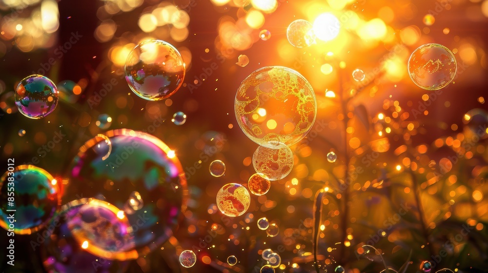 Poster colorful soap bubbles floating in the warm light of sunset, creating a magical and dreamy atmosphere