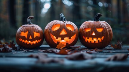 Fototapeta premium Three carved Jack-o'-Lanterns glowing brightly on a table, creating a spooky Halloween atmosphere.