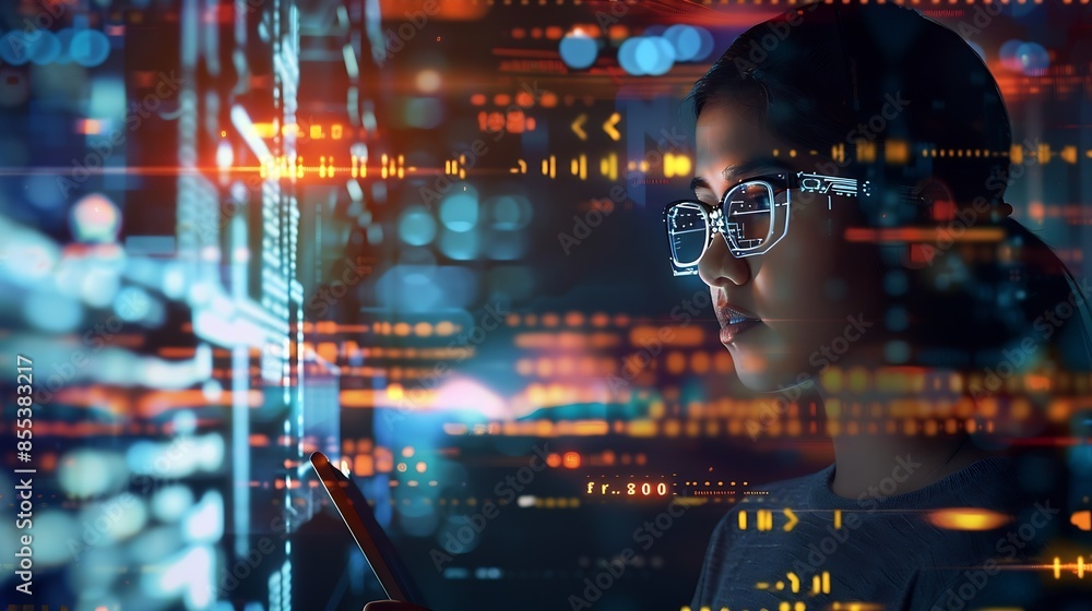 Aufkleber Thinking code hologram and woman with tablet data analysis digital technology and software overlay at night Programmer or Indian person with 3d screen programming stats and cybersecuri : Generative AI