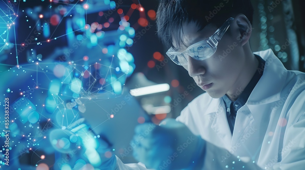 Poster Tablet planning and scientist with digital innovation data and reading in laboratory Asian man doctor and information technology for futuristic medical research with pharma healthcare  : Generative AI