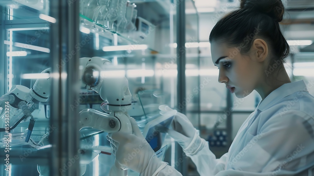 Poster scientist with tablet pc examining robotic arm in glass cabinet : generative ai